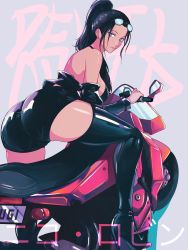 Rule 34 | 1girl, absurdres, ass, bicycle, black hair, blue eyes, boots, breasts, closed mouth, eyewear on head, highres, jacker, large breasts, long hair, looking at viewer, motor vehicle, motorcycle, nico robin, one piece, opalis, shorts, sideboob, simple background, smile, solo, sunglasses, thighhighs