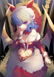 Rule 34 | 1girl, aguruma (yukisita03), bare shoulders, bat wings, beret, blue hair, blurry, blurry background, breasts, chromatic aberration, cleavage, commentary request, depth of field, dress, eyebrows hidden by hair, feet out of frame, frills, hair between eyes, hand on own cheek, hand on own face, hand up, hat, heart, light particles, light smile, medium hair, off-shoulder dress, off shoulder, parted lips, red dress, red eyes, remilia scarlet, sample watermark, sitting, small breasts, solo, strange creators of outer world, throne, touhou, watermark, white hat, wings