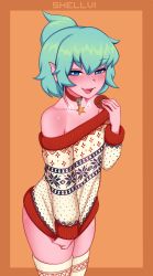Rule 34 | 1girl, :p, absurdres, aqua hair, artist name, bad id, bad pixiv id, bare shoulders, beige legwear, blue eyes, blush, check copyright, choker, christmas sweater, clothes tug, collarbone, commentary, cookie, copyright request, fins, folded ponytail, food, freckles, gender request, highres, holding, holding cookie, holding food, long sleeves, looking at viewer, naughty face, off-shoulder sweater, off shoulder, orange background, original, pointy ears, ponytail, red choker, ribbed sweater, short hair, skindentation, smile, solo, star (symbol), star choker, sweater, sweater tug, teeth, thighhighs, tongue, tongue out, upper teeth only, zettai ryouiki