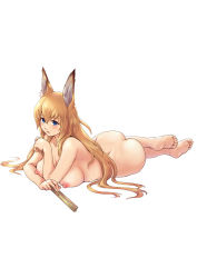 Rule 34 | 1girl, animal ears, ass, blonde hair, blue eyes, blush, breast rest, breasts, completely nude, feet, feet together, female focus, folding fan, fox ears, full body, hair between eyes, hand fan, highres, holding, holding fan, kuragetakos, large breasts, legs, legs together, light blush, long hair, looking at viewer, lying, nipples, nude, on stomach, parted lips, simple background, solo, tenko kuugen, thighs, toes, wagaya no oinari-sama, white background