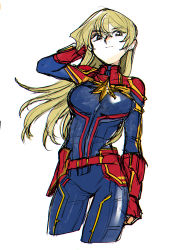 Rule 34 | 1girl, 203wolves, blonde hair, blue bodysuit, bodysuit, breasts, brown eyes, captain marvel, closed mouth, cosplay, gloves, highres, long hair, marvel, red gloves, simple background, smile, solo, superhero costume, tenjouin asuka, white background, yu-gi-oh!, yu-gi-oh! gx