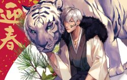 Rule 34 | 1boy, 2022, chinese zodiac, earrings, grey hair, highres, japanese clothes, jewelry, kimono, kiriumior 0909, leaf, long sleeves, male focus, new year, original, plant, shadow, short hair, solo, tiger, white tiger, year of the tiger