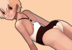 Rule 34 | 1girl, arched back, ass, back, blonde hair, casual one-piece swimsuit, dutch angle, grin, kiriman (souldeep), leaning forward, looking back, one-piece swimsuit, orange background, orange hair, orange theme, original, pink hair, red eyes, short hair, simple background, smile, solo, swimsuit