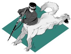 Rule 34 | 1boy, artist name, centaur, closed mouth, coat, facial hair, full body, goatee, golden kamuy, green background, greyscale with colored background, gun, hands up, hat, highres, holding, holding gun, holding weapon, hooves, horse tail, long sleeves, looking to the side, male focus, military hat, military uniform, monster boy, monsterification, running, short hair, signature, simple background, tail, taur, tsukishima hajime, tsuruko turuta, uniform, very short hair, weapon