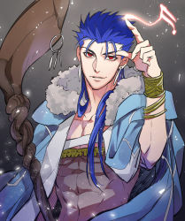 Rule 34 | 1boy, abs, blue hair, bracelet, cape, casting spell, cu chulainn (fate), cu chulainn (caster) (fate), earrings, fate/grand order, fate (series), fur-trimmed hood, fur trim, grin, hood, hood down, hooded cape, jewelry, cu chulainn (fate/stay night), long hair, male focus, mayuki (ubiquitous), muscular, pointing, red eyes, runes, skin tight, slit pupils, smile, solo, spiked hair, staff, type-moon, wooden staff