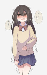 Rule 34 | 1girl, arm at side, blue skirt, blush, bow, bowtie, breath, brown eyes, brown hair, collared shirt, cowboy shot, embarrassed, female focus, flat chest, grey background, hair between eyes, half-closed eyes, hand on own stomach, have to pee, highres, japanese text, long hair, long sleeves, miniskirt, motion lines, nose blush, open mouth, original, pleated skirt, red bow, red bowtie, school uniform, shirt, sidelocks, simple background, skirt, skirt grab, solo, standing, sweat, sweater, thighs, thought bubble, translation request, urine meter, watakarashi, white shirt, yellow sweater