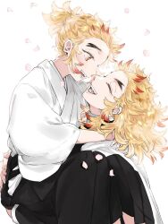 Rule 34 | 2boys, black hakama, blonde hair, brothers, cape, carrying, colored tips, demon slayer uniform, face-to-face, facing another, falling petals, forked eyebrows, hakama, half updo, happy, highres, japanese clothes, kimetsu no yaiba, kimono, long sleeves, looking at another, looking away, male focus, medium hair, multicolored hair, multiple boys, ohagigaumai, open mouth, petals, princess carry, profile, red hair, rengoku kyoujurou, rengoku senjurou, siblings, simple background, streaked hair, white background, white cape, white kimono, wide sleeves