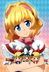Rule 34 | alice margatroid, ascot, blonde hair, blue eyes, blush, bow, braid, capelet, gradient background, hair bow, hairband, hat, head tilt, highres, holding, hourai doll, hug, hugging doll, hugging object, kirisame marisa, open mouth, pmx, sad, shanghai doll, short hair, side braid, smile, solo, touhou, witch hat