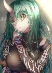 Rule 34 | 1girl, absurdres, arknights, black shirt, breasts, commentary request, green eyes, green hair, grey background, hair between eyes, head tilt, highres, horns, hoshiguma (arknights), hoshiguma (ronin huntress) (arknights), jewelry, large breasts, long hair, long sleeves, looking at viewer, magatama, magatama necklace, mike3284, necklace, official alternate costume, partial commentary, shirt, single horn, solo, upper body