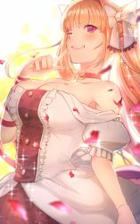 Rule 34 | 1girl, 428 itsuki, absurdres, alternate costume, bare shoulders, blonde hair, blurry, blurry foreground, blush, bow, breasts, bright pupils, buttons, center frills, choker, cleavage, collarbone, commentary request, cowboy shot, dragon girl, dragon horns, dragon tail, dress, falling petals, finger to cheek, fingernails, frilled bow, frilled dress, frilled sleeves, frills, gem, gloves, grin, hand up, highres, hololive, horn bow, horn ornament, horns, kiryu coco, large breasts, long fingernails, long hair, looking at viewer, multicolored hair, off-shoulder dress, off shoulder, one eye closed, orange hair, petals, pointy ears, puffy short sleeves, puffy sleeves, purple eyes, short sleeves, sidelocks, single glove, slit pupils, smile, solo, sparkle, streaked hair, tail, twintails, two-tone background, virtual youtuber, white background, white bow, white dress, white gloves, white pupils, yellow background