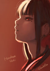Rule 34 | 1girl, blunt bangs, character name, commentary request, danganronpa (series), danganronpa v3: killing harmony, from side, hair ornament, harukawa maki, long hair, looking up, mole, mole under eye, nyuukazai, open mouth, portrait, profile, realistic, red background, red eyes, red scrunchie, scrunchie, shirt, signature, solo, teeth, twintails, upper teeth only