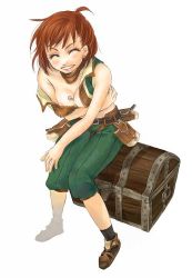 Rule 34 | 00s, 1girl, between breasts, breasts, brown hair, earrings, closed eyes, final fantasy, final fantasy xi, grin, hume, jewelry, nipple slip, nipples, pectorals, puipui, smile, solo, thief (final fantasy), treasure chest