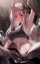 Rule 34 | 1girl, absurdres, arknights, arm up, armpits, blush, breasts, collar, cowboy shot, earrings, grey hair, hauchiwa, highres, horns, infection monitor (arknights), jewelry, large breasts, long hair, material growth, mudrock (arknights), navel, open clothes, oripathy lesion (arknights), parted lips, pointy ears, red eyes, smile, solo, sports bra, steaming body, stomach, sweat, yo-ba yo