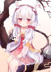 Rule 34 | 1girl, :o, animal ears, azur lane, blush, bow, brown background, cannon, collarbone, commentary request, dress, egasumi, flower, frilled dress, frills, gradient background, hair between eyes, hair bow, hairband, hand up, highres, in tree, jacket, kokone (coconeeeco), laffey (azur lane), laffey (white rabbit welcomes the spring) (azur lane), long hair, long sleeves, looking at viewer, low twintails, open clothes, open jacket, parted lips, pink dress, pleated dress, rabbit ears, red bow, red eyes, red flower, red hairband, silver hair, sitting, sitting in tree, sleeves past wrists, solo, torpedo, tree, turret, twintails, white background, white jacket