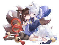 Rule 34 | 2girls, ;/, absurdres, aged down, ahoge, amagi-chan (azur lane), animal ear fluff, animal ears, azur lane, barefoot, bell, black pantyhose, blue eyes, blue kimono, blue ribbon, brown hair, child, chinese commentary, commentary request, eyeliner, fox ears, hair intakes, hair ribbon, hei wuchang, highres, japanese clothes, kimono, long sleeves, looking at viewer, makeup, manjuu (azur lane), multiple girls, multiple tails, pantyhose, parted lips, pleated skirt, purple eyes, red eyeliner, red kimono, ribbon, shinano-chan (azur lane), simple background, skirt, tail, twintails, wavy mouth, white background, white hair, white leg warmers, white skirt, wide sleeves