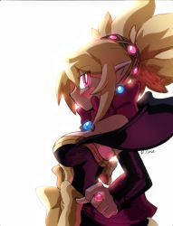 Rule 34 | 1girl, backlighting, big hair, blonde hair, bow, breasts, broom, commentary, disgaea, dress, earrings, english commentary, from side, hair ornament, hair pulled back, jewelry, large breasts, lips, makai senki disgaea 2, pink bow, pink eyes, pointy ears, purple dress, rcasedrawsstuff, ring, rozalin, solo, strapless, strapless dress, white background