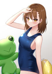 Rule 34 | 1girl, arm up, bare arms, bare shoulders, blue one-piece swimsuit, blush, breasts, brown eyes, brown hair, closed mouth, collarbone, commentary request, frills, gekota, gradient background, grey background, hair between eyes, innertube, looking at viewer, misaka mikoto, one-piece swimsuit, school swimsuit, small breasts, solo, swim ring, swimsuit, tasuku (user fkzv3343), toaru kagaku no railgun, toaru majutsu no index, white background