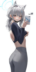 Rule 34 | 1girl, alternate costume, animal ears, aqua eyes, ass, back cutout, black mask, black shirt, blue archive, blush, breasts, clothes lift, clothing cutout, extra ears, grey hair, grey leggings, halo, highres, holding, holding phone, leggings, leviathan (hikinito0902), lifted by self, looking at viewer, looking to the side, mask, mask pull, median furrow, medium breasts, mismatched pupils, mouth mask, phone, ponytail, selfie, shiroko (blue archive), shirt, shirt lift, simple background, solo, underboob, white background, wolf ears