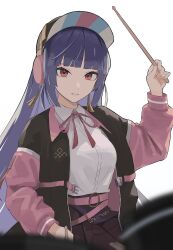 Rule 34 | 1girl, absurdres, blunt bangs, blurry, blurry foreground, breasts, collared shirt, drumsticks, earrings, genshin impact, hat, headphones, highres, holding, holding drumsticks, jacket, jewelry, long hair, long sleeves, looking at viewer, makeup, medium breasts, neck ribbon, nium 404, official alternate costume, open clothes, open jacket, pink ribbon, purple eyes, red eyes, ribbon, shirt, simple background, skirt, solo, tassel, tassel earrings, white background, white shirt, yun jin (genshin impact)