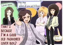 Rule 34 | ..., 4boys, ?, blonde hair, blue eyes, brian may, brown eyes, closed mouth, collar, crossed arms, curly hair, english text, freddie mercury, index finger raised, jacket, jewelry, john deacon, long hair, looking at another, looking at viewer, male focus, multiple boys, musical note, necklace, open mouth, parted lips, plaid, plaid shirt, queen (band), roger taylor, scarf, shirt, speech bubble, standing, teeth, white jacket, white shirt, wing collar