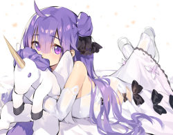 Rule 34 | 1girl, aemochi, azur lane, bad id, bad pixiv id, bed sheet, black bow, black ribbon, bow, commentary request, covered mouth, detached sleeves, dress, hair between eyes, hair bun, hair ribbon, long hair, looking at viewer, lying, hugging object, on bed, on stomach, pantyhose, purple eyes, purple hair, ribbon, shoes, side bun, single hair bun, single side bun, sleeveless, sleeveless dress, solo, stuffed animal, stuffed toy, stuffed unicorn, stuffed winged unicorn, unicorn (azur lane), very long hair, white background, white dress, white footwear, white pantyhose, white sleeves