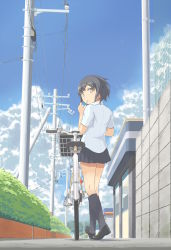 Rule 34 | 1girl, basket, bicycle, black hair, black skirt, black socks, blouse, blue sky, brick, briefcase, building, bush, cloud, day, drinking, drinking straw, from behind, from below, full body, highres, holding, juice box, kneehighs, kneepits, loafers, looking at viewer, looking back, original, outdoors, pavement, perspective, plant, pleated skirt, power lines, school briefcase, school uniform, shirt, shoes, short hair, short sleeves, skirt, sky, skyscraper, socks, solo, usukoke, utility pole, vanishing point, walking, white shirt, yellow eyes