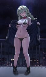 Rule 34 | 1girl, absurdres, aqua eyes, bikini, bikini under clothes, blush, breasts, city, cityscape, collar, epic seven, female pervert, half-closed eyes, heart, heart-shaped pupils, highres, jacket, large breasts, long hair, looking at viewer, lowleg, navel, night, night sky, pervert, politis (epic seven), red collar, sky, swimsuit, symbol-shaped pupils, tongue, tongue out