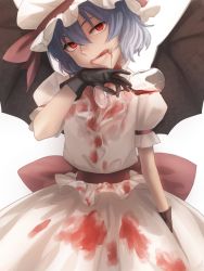 Rule 34 | 1girl, :q, amino (tn7135), bad id, bad pixiv id, blood, blood from mouth, blood stain, blue hair, cowboy shot, cup, drinking glass, gloves, hat, licking lips, lips, mob cap, puffy short sleeves, puffy sleeves, red eyes, remilia scarlet, sash, short hair, short sleeves, simple background, skirt, skirt set, slit pupils, solo, tongue, tongue out, touhou, white background, wine glass