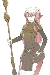 Rule 34 | 1girl, armor, artist request, bad link, blush, commission, crossover, hand on own hip, highres, holding, holding staff, lamia, long hair, looking at viewer, low eyes, miia (monster musume), monster girl, monster musume no iru nichijou, pink hair, pointy ears, scales, slit pupils, smile, solo, staff, stargate sg-1