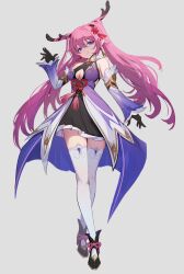 Rule 34 | 1girl, absurdres, arm up, black gloves, breasts, cleavage, cleavage cutout, clothing cutout, detached sleeves, earrings, full body, gloves, hair ornament, highres, horns, jewelry, lance (lancelliu), long hair, medium breasts, original, pink hair, purple eyes, shoes, smile, solo, standing, thighhighs, twintails, white background