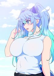Rule 34 | 1girl, alternate costume, animal ears, bare shoulders, belly, belt, blue eyes, blue hair, blue shirt, blue sky, blush, breasts, breath, casual, cloud, covered navel, day, dragon ears, dragon girl, dragon tail, extra ears, female focus, hairband, highres, jewelry, kemono friends, large breasts, long hair, looking away, mamiyama, midriff, necklace, open mouth, outdoors, seiryuu (kemono friends), shirt, sky, standing, tail, twintails, upper body