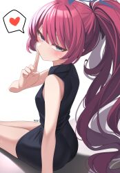 Rule 34 | 1girl, absurdres, alternate hairstyle, black dress, blue archive, blue halo, blush, breasts, dress, grey eyes, halo, heart, highres, index finger raised, iroha (blue archive), long hair, looking at viewer, ponytail, red hair, rirua (kjom802), signature, simple background, sleeveless, sleeveless dress, small breasts, solo, spoken heart, sweat, very long hair, white background