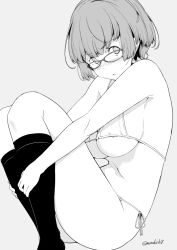 Rule 34 | 1girl, bikini, blush, breasts, feet out of frame, glasses, grey background, greyscale, kichihachi, kneehighs, knees up, large breasts, looking at viewer, monochrome, nose blush, original, parted lips, short hair, side-tie bikini bottom, side-tie bottom, simple background, sitting, socks, solo, swimsuit, twitter username