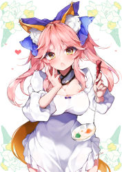 Rule 34 | 1girl, animal ear fluff, animal ears, blue ribbon, blush, bow, breasts, cleavage, fang, fate/grand order, fate (series), food, fox ears, fox tail, hair bow, hair ribbon, heart, heart-shaped pupils, highres, kanola u, large breasts, official alternate costume, open mouth, pink hair, ribbon, solo, spoon, symbol-shaped pupils, tail, tamamo (fate), tamamo no mae (fate/extra), vegetable, yellow eyes