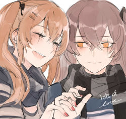 Rule 34 | 2girls, blush, brown hair, closed eyes, creamyghost, english text, girls&#039; frontline, highres, holding hands, multiple girls, nail polish, official alternate costume, scar, scarf, siblings, sisters, smile, striped clothes, striped scarf, striped sweater, sweater, twins, twintails, ump45 (&quot;just this time.&quot;) (girls&#039; frontline), ump45 (girls&#039; frontline), ump9 (&quot;am i late?&quot;) (girls&#039; frontline), ump9 (girls&#039; frontline)
