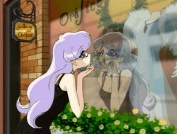 Rule 34 | 1girl, aikawa akane, animated, animated gif, bare arms, bare shoulders, brick wall, flower, purple hair, long hair, lowres, mahou tsukai tai!, multicolored hair, outdoors, plant, potted plant, purple hair, reflection, running bond, shop window, solo, streaked hair, tagme