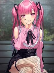Rule 34 | :d, absurdres, bare shoulders, bench, black nails, black ribbon, black skirt, black thighhighs, blunt bangs, blush, buckle, crossed legs, detached sleeves, fishnet thighhighs, fishnets, frilled shirt, frills, gradient hair, grin, hair ribbon, hand on own cheek, hand on own face, heart, heart-shaped pupils, high-waist skirt, highres, hinamizawa hinami (tetto), huge filesize, long hair, long sleeves, looking at viewer, multicolored hair, nail polish, neck ribbon, open mouth, original, outdoors, park bench, pink hair, pink shirt, purple hair, ribbon, shirt, sidelocks, signature, sitting, skirt, smile, symbol-shaped pupils, teeth, tetto (onnoveltet), thighhighs, twintails