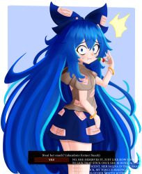 Rule 34 | 1girl, absurdres, blue background, blue bow, blue eyes, blue hair, blue skirt, bow, bracelet, closed mouth, dark souls (series), english text, food, hair bow, highres, holding, holding food, jewelry, just hatto, long hair, looking at viewer, short sleeves, skirt, solo, standing, touhou, very long hair, yorigami shion