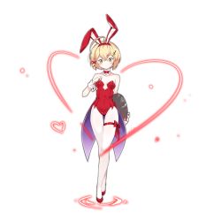 Rule 34 | 1girl, absurdres, ahoge, alternate costume, animal ears, artist name, azur lane, bare shoulders, blonde hair, blush, breasts, closed mouth, commentary request, detached collar, fake animal ears, fortissimo, full body, green eyes, hair intakes, hair ornament, hairband, heart, highres, holding, holding tray, leg ribbon, leotard, looking down, musical note, musical note hair ornament, navel, pantyhose, playboy bunny, rabbit ears, red leotard, ribbon, short hair, sidelocks, signature, small breasts, solo, southampton (azur lane), standing, thigh gap, thigh ribbon, tray, treble clef, vilor, white pantyhose, wrist cuffs