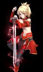 Rule 34 | 1girl, bare shoulders, black background, breasts, clarent (fate), detached sleeves, fate/apocrypha, fate/grand order, fate (series), green eyes, highres, looking at viewer, mordred (fate), mordred (fate/apocrypha), navel, planted, planted sword, planted weapon, ponytail, red scrunchie, scrunchie, shigure s, small breasts, solo, sword, thighhighs, underboob, weapon
