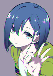 Rule 34 | 1girl, absurdres, aqua eyes, asymmetrical hair, blue hair, bob cut, chromatic aberration, close-up, closed mouth, collarbone, commentary, darling in the franxx, from above, from side, green jacket, grey background, hair between eyes, hair ornament, hair over one eye, hairclip, highres, hood, hood down, ichigo (darling in the franxx), jacket, light smile, looking at viewer, looking to the side, looking up, mengmao zhuyue, ok sign, open clothes, open jacket, portrait, shirt, short hair, simple background, smile, white shirt