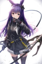 Rule 34 | 1girl, animal ears, arknights, backlighting, black eyes, black gloves, black thighhighs, bow, gloves, hair bow, highres, holding, holding weapon, jacket, knife, konome noi, long hair, long sleeves, looking at viewer, purple hair, rabbit ears, reverse grip, rope (arknights), solo, thighhighs, weapon, zettai ryouiki
