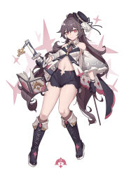 Rule 34 | 1girl, absurdres, black gloves, book, boots, brown hair, closed mouth, detached sleeves, fold-over boots, full body, gloves, hat, highres, holding, holding wand, knee boots, kneehighs, long hair, looking at viewer, original, red eyes, shorts, simple background, socks, solo, sword, wand, weapon, white background, yuk233