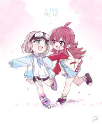 Rule 34 | 2girls, ahoge, bike shorts, black shorts, blue dress, blue eyes, blue jacket, blue neckerchief, blue sailor collar, blush, brown footwear, cherry blossoms, commentary request, dated, dress, flip (diiolive), full body, goggles, goggles on head, hair between eyes, hair flaps, idolmaster, idolmaster shiny colors, jacket, komiya kaho, legs, light brown hair, long hair, long sleeves, looking at another, multiple girls, neckerchief, open mouth, petals, pink footwear, pinstripe dress, pinstripe pattern, pointing, red eyes, red hair, red sleeves, roller skates, sailor collar, serizawa asahi, shirt, shoes, short hair, shorts, sidelocks, skates, sleeves past wrists, smile, sneakers, standing, standing on one leg, thighs, white background, white jacket, white shirt