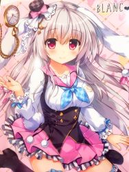 Rule 34 | 1girl, ameto yuki, animal ears, black footwear, black hat, black thighhighs, blue neckerchief, blush, bow, breasts, checkered neckerchief, closed mouth, commentary request, crescent, crescent pin, grey hair, hair ornament, hand up, hat, hat bow, long hair, long sleeves, looking at viewer, medium breasts, mini hat, neckerchief, original, pink eyes, pink skirt, pocket watch, pom pom (clothes), rabbit ears, shoes, sitting, skirt, smile, solo, thighhighs, top hat, watch