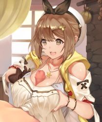 Rule 34 | 1boy, 1girl, :d, absurdres, atelier (series), atelier ryza, atelier ryza 1, beret, breasts, brown eyes, brown gloves, brown hair, censored, cleavage, commentary request, gloves, hair ornament, hairclip, hat, hetero, highres, indoors, jewelry, large breasts, mosaic censoring, necklace, open mouth, paizuri, paizuri under clothes, penis, reisalin stout, single glove, smile, star (symbol), star necklace, tahnya, teeth, upper body, upper teeth only, white headwear