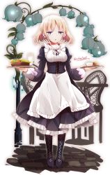 Rule 34 | 1girl, apron, black dress, black footwear, black ribbon, blonde hair, blue eyes, blue flower, boots, breasts, cup, dress, drinking glass, flower, food, frilled apron, frilled dress, frills, full body, highres, holding, holding tray, juliet sleeves, knee boots, long hair, long sleeves, looking at viewer, maid, milk, neck ribbon, nijou katame, original, puffy sleeves, ribbon, robot ears, short eyebrows, small breasts, solo, standing, teacup, thick eyebrows, tray, twitter username, waist apron, white apron