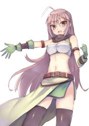 Rule 34 | 1girl, :d, ahoge, arm belt, bandeau, battery aida ni misu ga deta, belt, black thighhighs, blush, breasts, brown eyes, cleavage, cowboy shot, fang, gloves, highres, light purple hair, long hair, looking at viewer, midriff, navel, open mouth, outstretched arm, outstretched hand, sennen sensou aigis, smile, solo, soma (sennen sensou aigis), stomach, strapless, thighhighs, tube top, very long hair