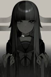 Rule 34 | 1girl, absurdres, blunt bangs, blush, bow, closed mouth, collarbone, expressionless, gradient background, greyscale, highres, holding, holding own hair, long hair, long sleeves, looking at viewer, mismatched pupils, monochrome, multicolored hair, multicolored nails, nail polish, original, school uniform, serafuku, solo, two-tone hair, upper body, wakamepiza