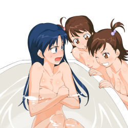 Rule 34 | 00s, 3girls, a1 (initial-g), angry, bath, blue eyes, blue hair, breast hold, breasts, brown eyes, brown hair, covering breasts, covering privates, flat chest, futami ami, futami mami, idolmaster, idolmaster (classic), idolmaster 1, kisaragi chihaya, long hair, multiple girls, nipples, no bra, nude, nude cover, one eye closed, short hair, siblings, sisters, twins, water, wink